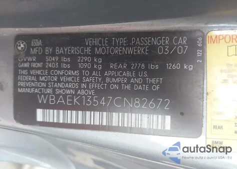 2007 BMW 650I из США, поврежденный, VIN WBAEK13547CN82672